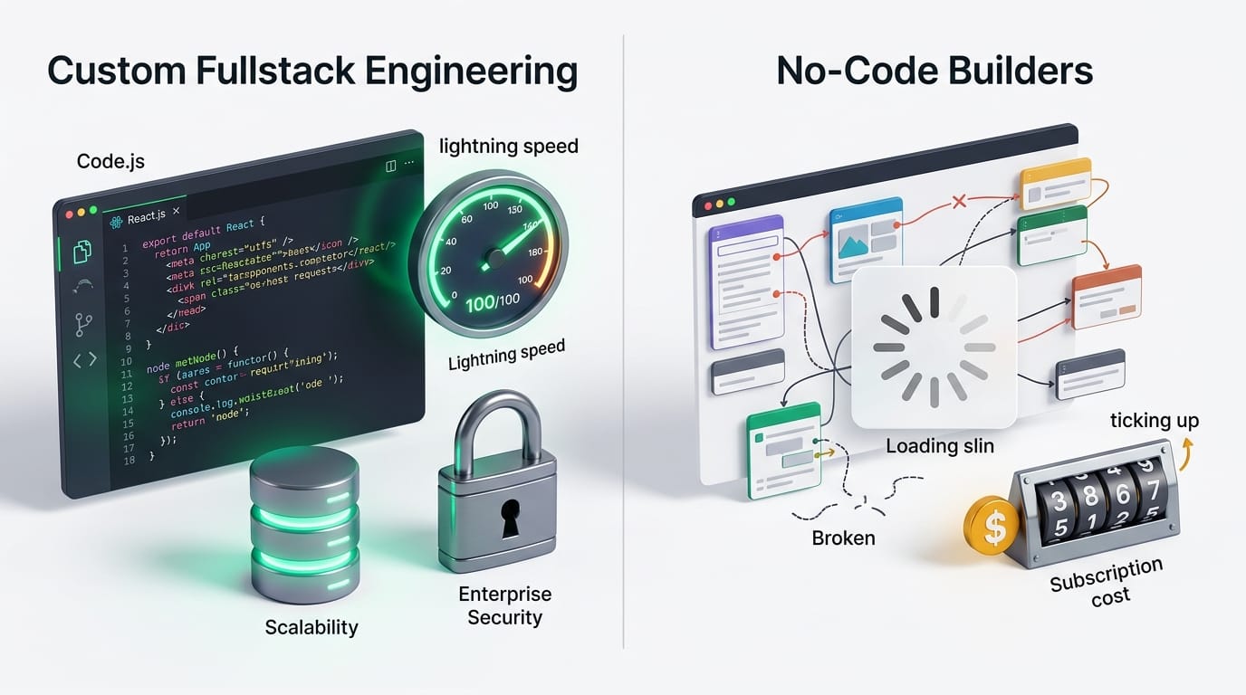 Full-Stack Web Development vs No-Code Page Builders: Why Serious Businesses Invest in Custom Code for Long-Term Valuation & Speed