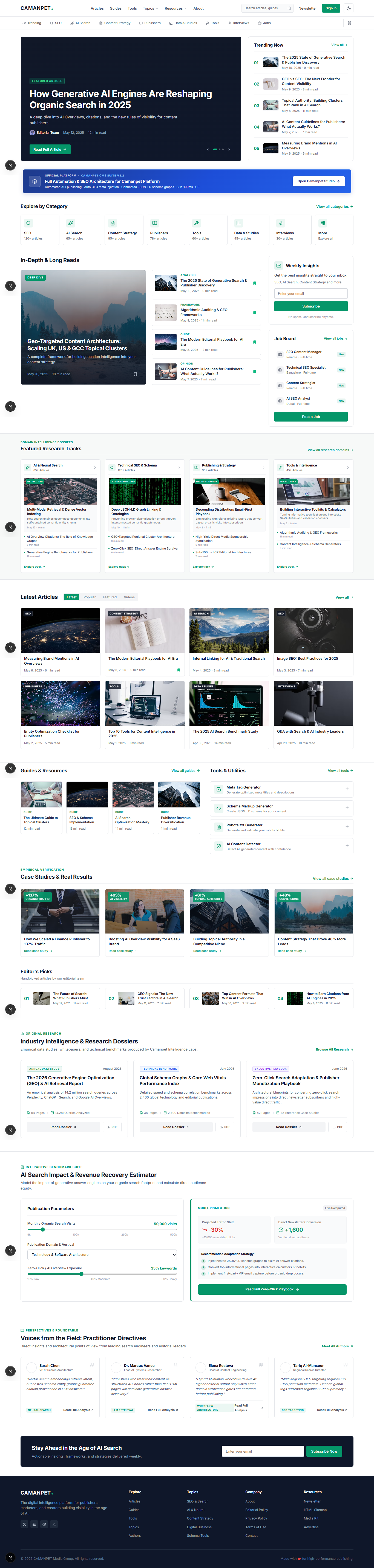 Featured stories, topic categories, research tracks, guides and editorial collections.