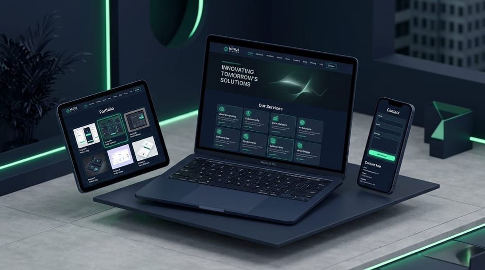 Illustrative responsive business website layouts across desktop and mobile