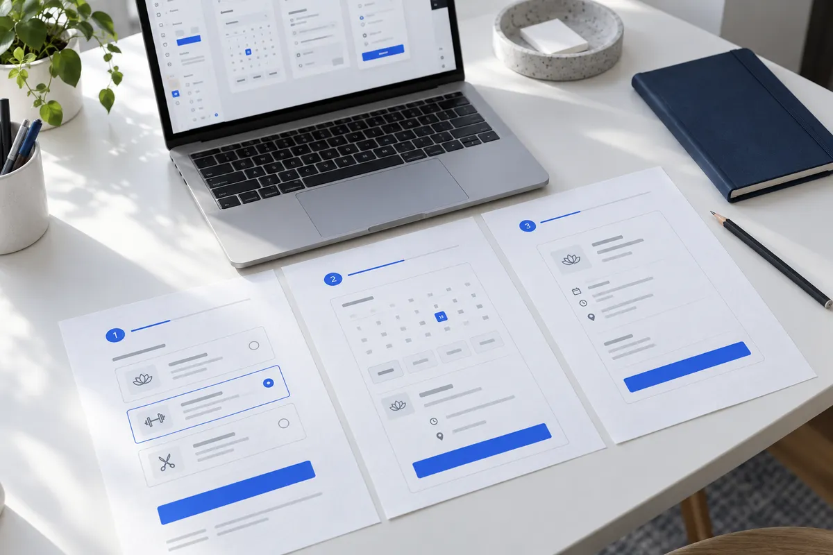 Concept UI design workspace with three paper wireframes and a laptop prototype