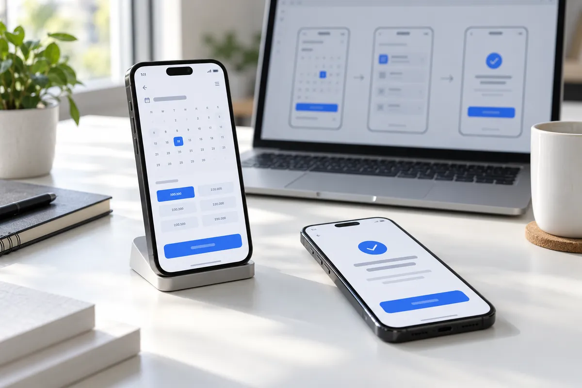 Concept mobile booking journey on two phones beside a laptop showing app wireframes