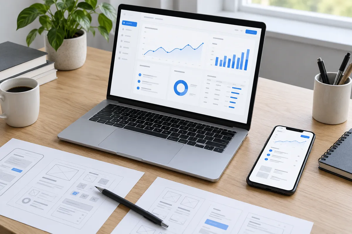 Concept product planning workspace with a laptop, phone and wireframes