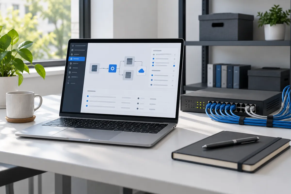 Concept systems workflow on a laptop beside networking equipment